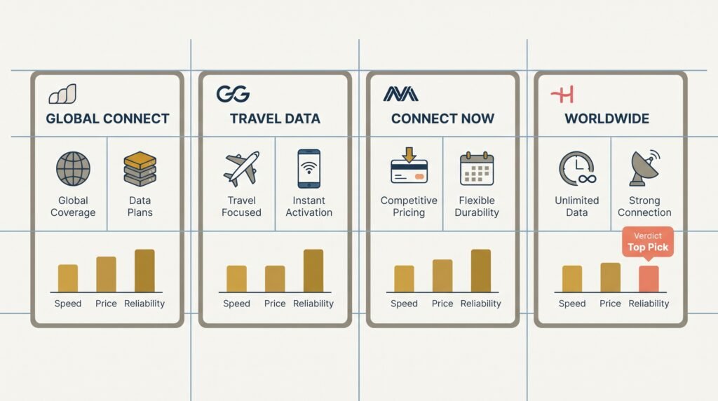 A four-column data plan comparison chart, the kind of breakdown behind how much data do you actually need for a cruise.