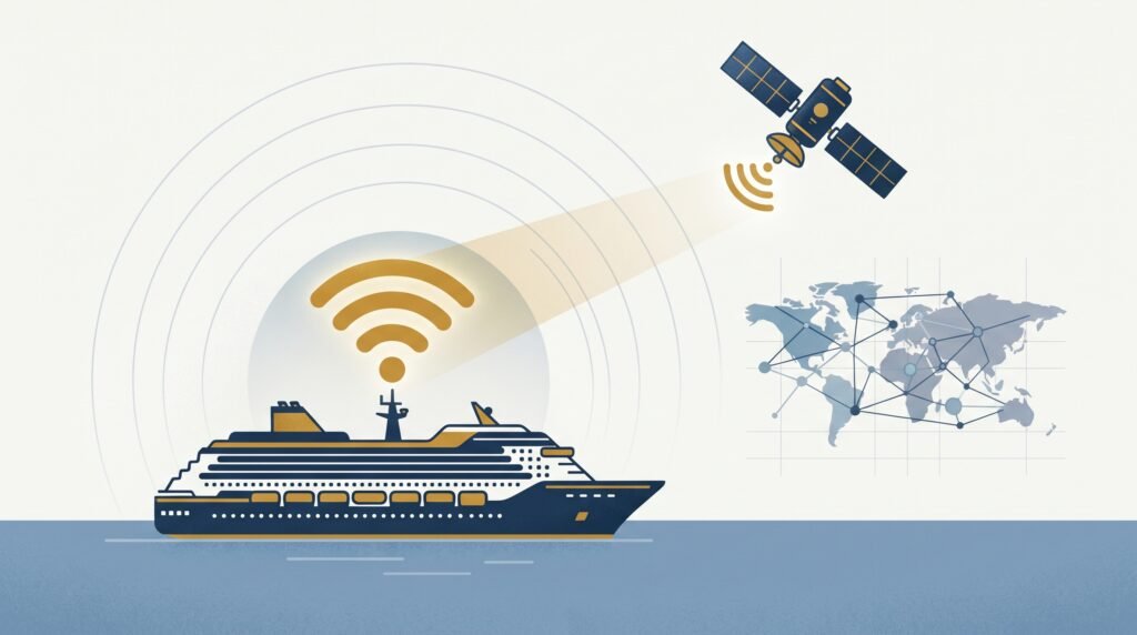 A cruise ship connecting to a satellite signal over a world map, showing how ship WiFi reaches the open ocean.