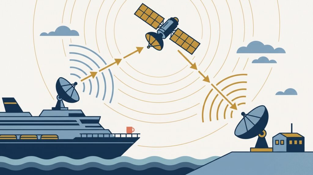 A cruise ship, satellite, and ground dish linked by signal arrows, showing how your phone picks up a network at sea.