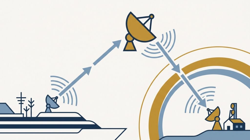 A satellite, ground dish, and cruise ship linked by signal arrows, showing how the ship's WiFi connection reaches it at sea.