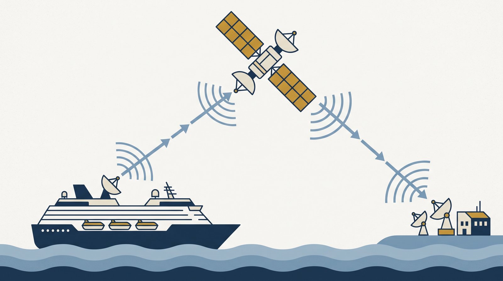 A satellite, ground dish, and cruise ship linked by signal arrows — the phone's constant search for a connection that ends up draining the battery.