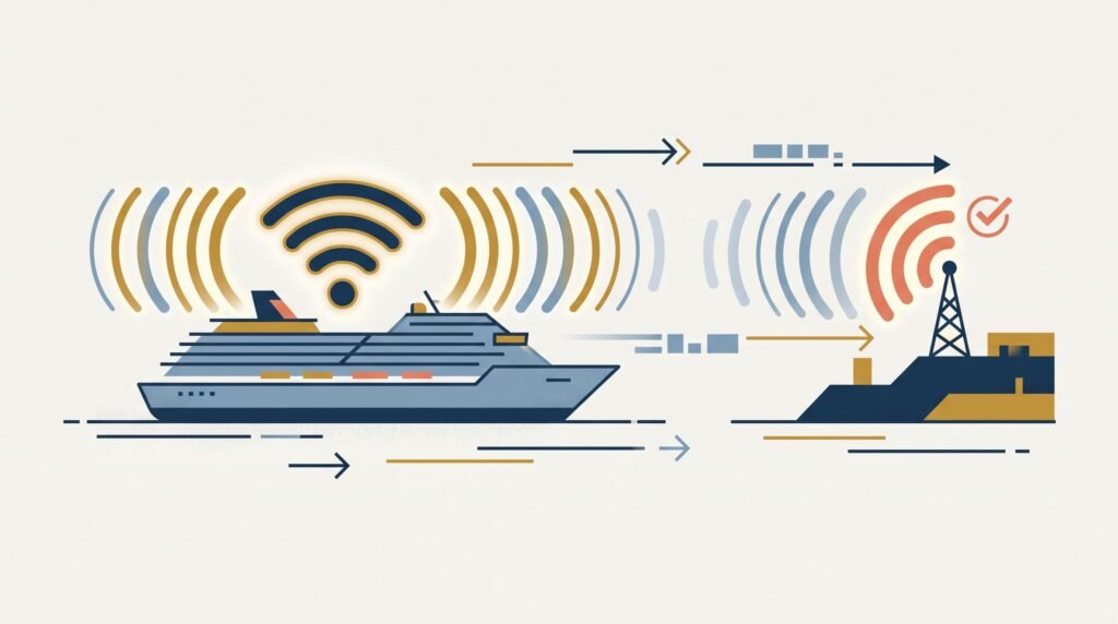A cruise ship radiating a WiFi signal toward a shore tower, showing how the connection reaches land.