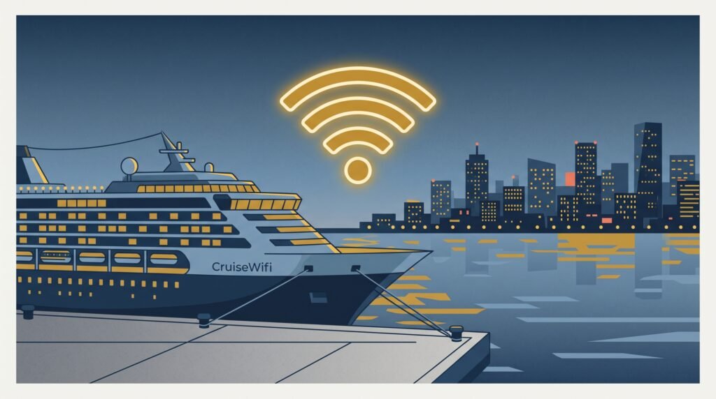 A cruise ship docked against a city skyline at dusk — the land side of the cruise-only vs cruise+land decision.