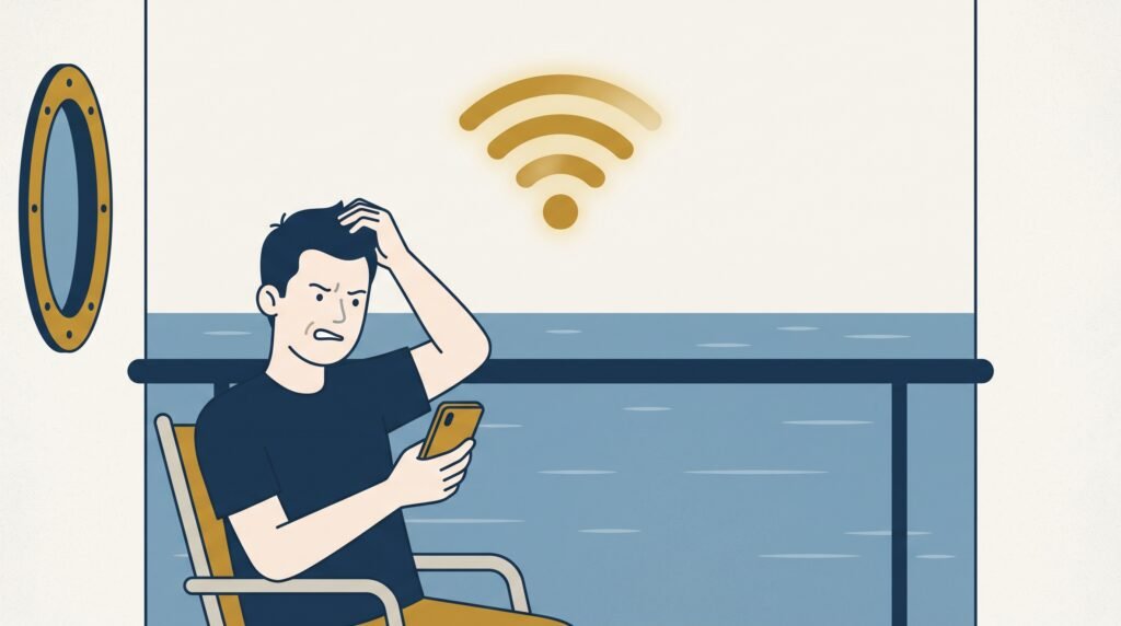 A man sitting with his head in his hand, phone in one hand, a faint wifi icon showing a weak connection.