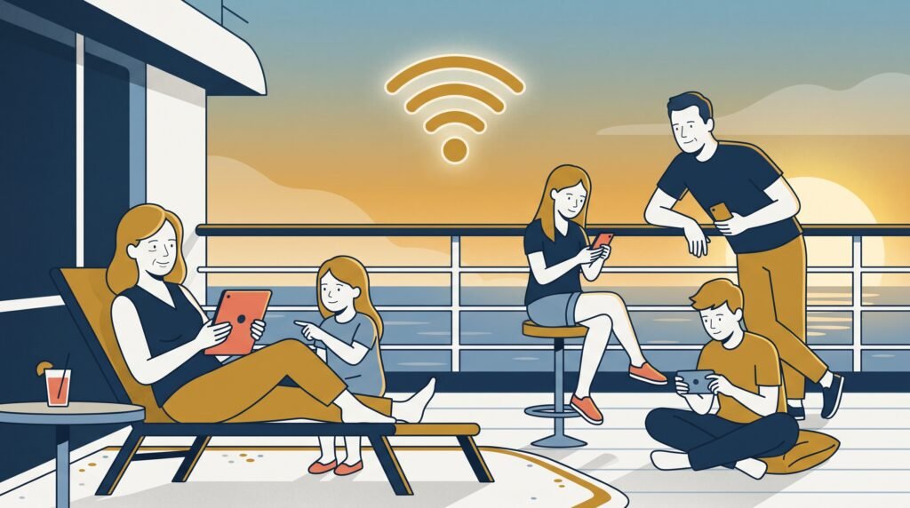 A family relaxing together on deck at golden hour — this guide covers how to message my family around the ship over WiFi instead of chasing each other cabin to cabin.