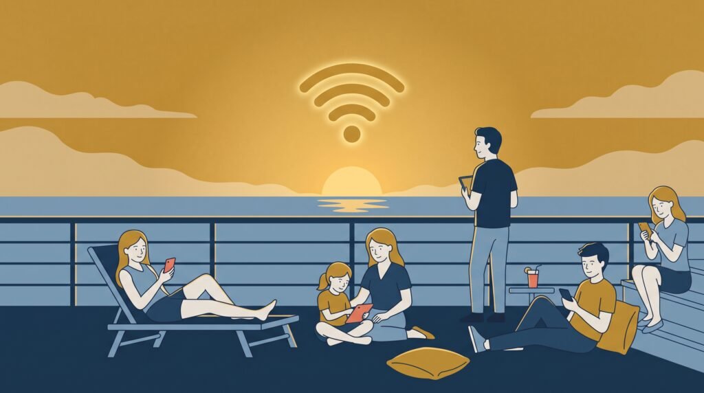 A family together on deck at golden hour, everyone close enough to stay on the same hotspot.