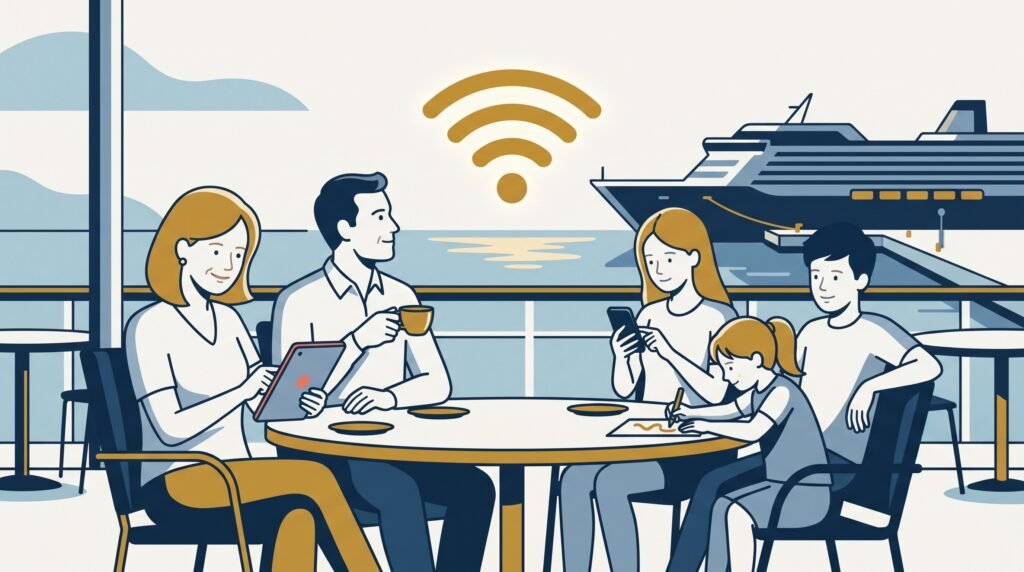 A family of four at an outdoor deck table, everyone connected to the ship's WiFi on their own device.