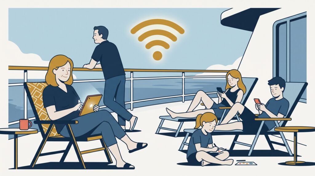 A family on deck, one adult at the railing and a child on a nearby lounger — the shared-connection setup behind how the whole family can share one eSIM.
