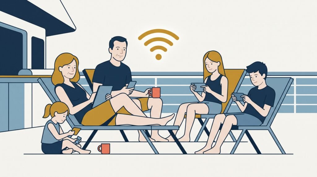 A family of four at an outdoor deck table, each using a phone or tablet while connected to the ship's WiFi.