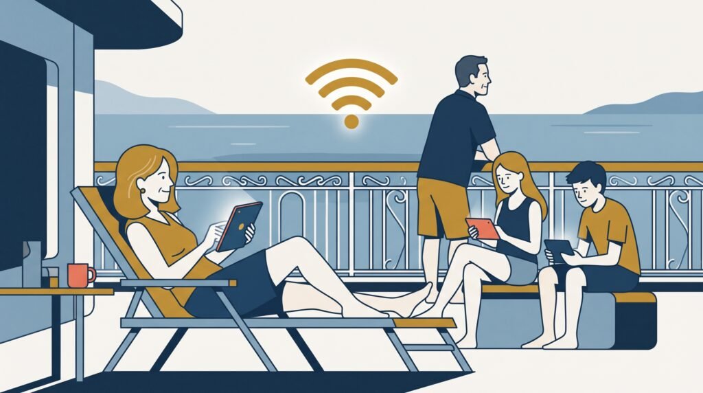 A family of four at an outdoor deck table, each on their own phone or tablet — the everyday picture behind managing teenagers' data use onboard.
