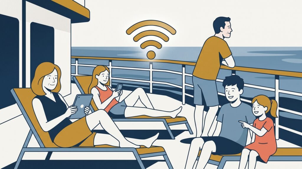 A family of four relaxing on a cruise ship deck at sunset, each checking a device connected to the ship's WiFi.