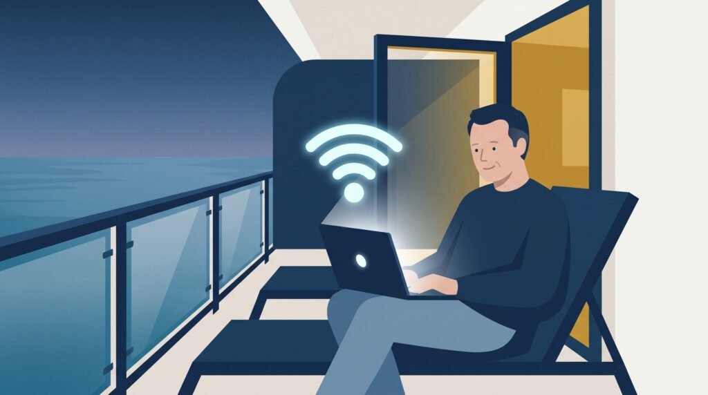 A man checking a data plan on his laptop from his cabin balcony, WiFi icon glowing overhead.