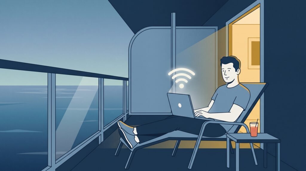 A man working from his cabin balcony on his laptop, weighing up whether he needs data on land or just at sea.