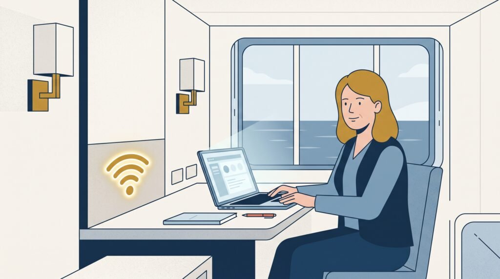 A woman working from her cabin desk on WiFi instead of her phone’s cellular signal, avoiding roaming charges altogether.