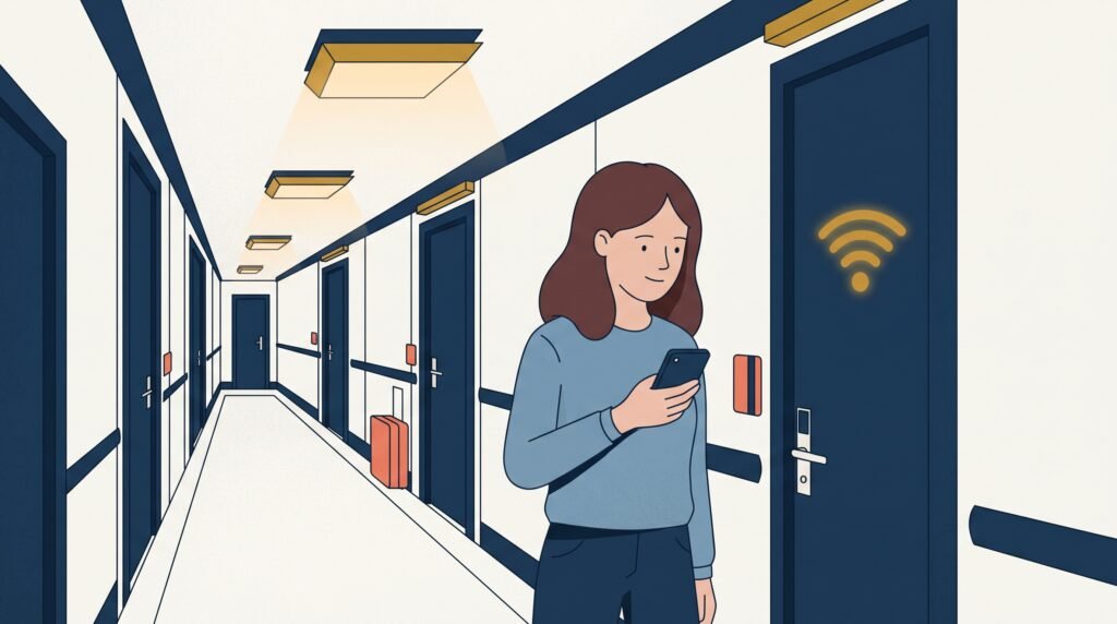 A woman walking a cabin corridor checking her phone, staying in touch with family elsewhere on the ship.