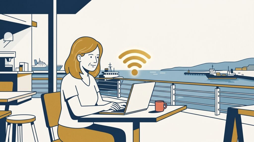 A woman comparing eSIM pricing on her laptop at an open-deck table, another ship visible in the distance.