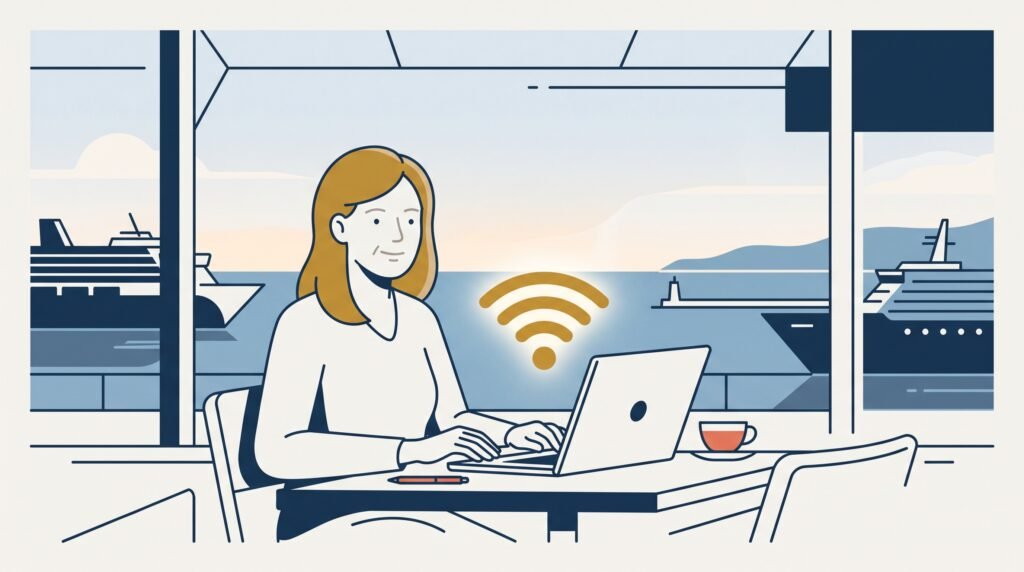 A woman checking her laptop at an open-deck table, port skyline behind her — the everyday moment behind how does eSIM actually work at sea.