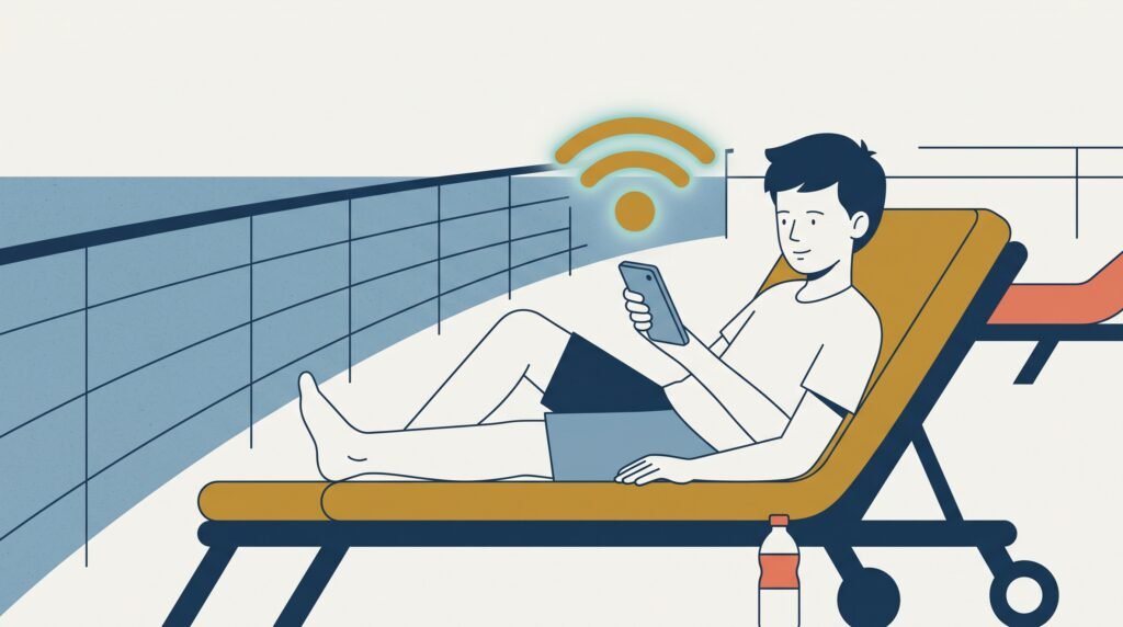 A couple relaxing on side-by-side deck loungers, both checking their phones without a second thought.