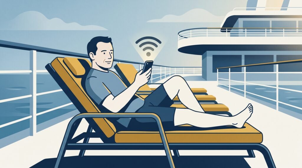 A man reclining on a deck lounger with his phone and headphones — the sun-and-signal combination that's often why your phone battery drains so fast on a cruise.