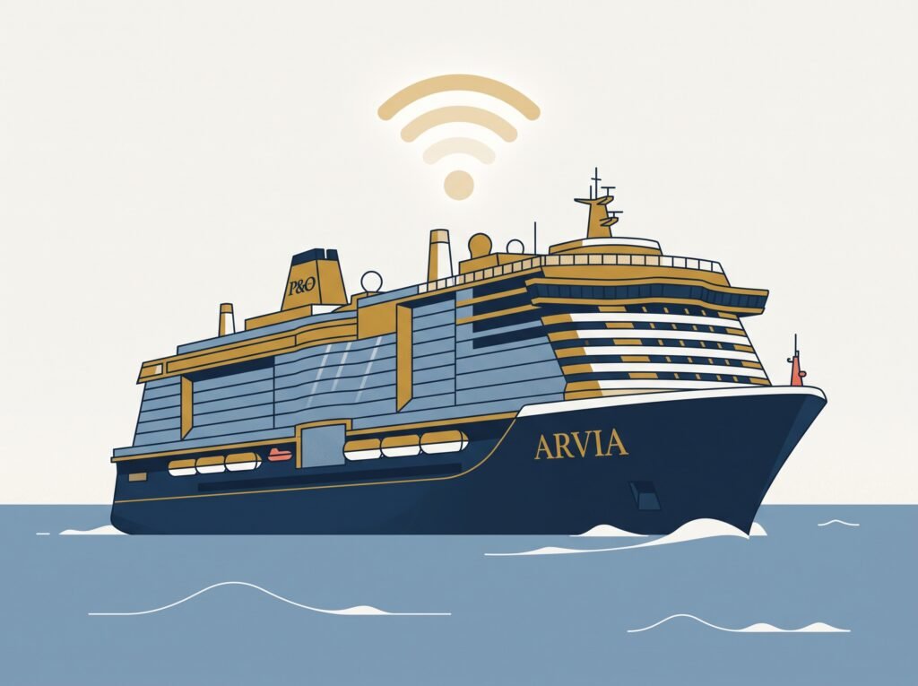 P&O's Arvia sailing at sea with a bright WiFi signal icon, representing P&O Cruises WiFi coverage onboard.