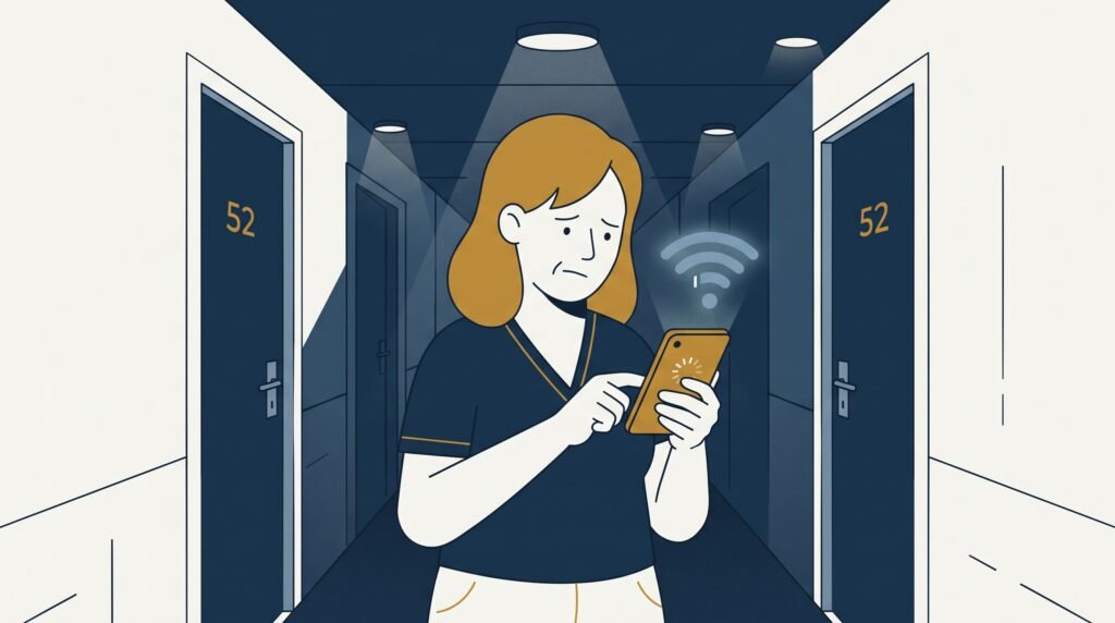 A woman checking her phone near a cabin doorway, one of the spots where signal sometimes reaches even without a paid plan.