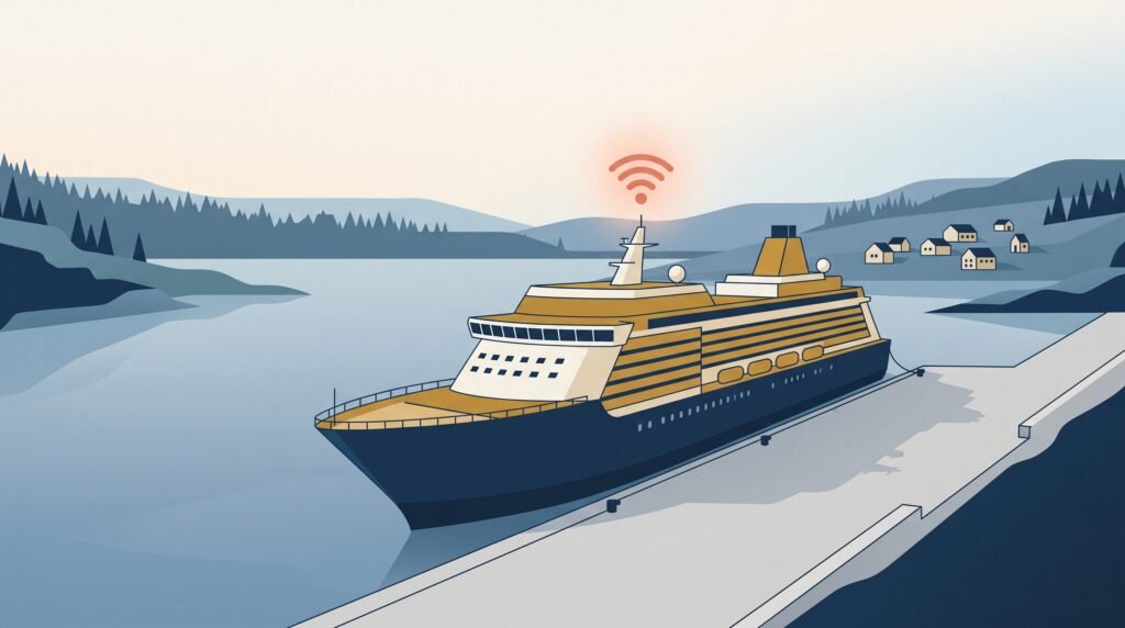 A cruise ship sailing through a fjord channel toward port — nearing the edge of the 12 nautical mile gap where phone signal starts to fade.