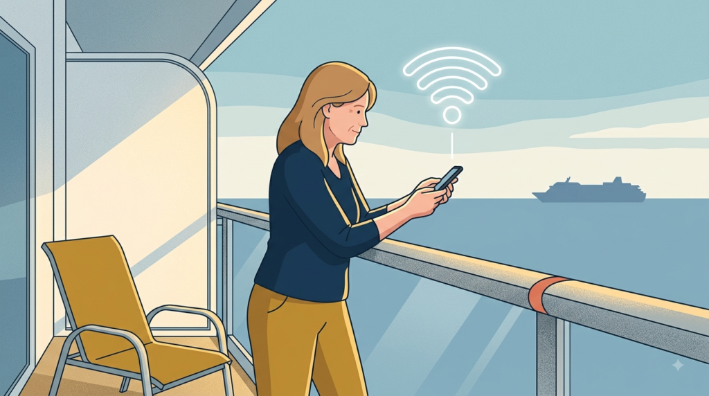 A woman relaxed at the railing, checking her phone without worrying about a shrinking data allowance.