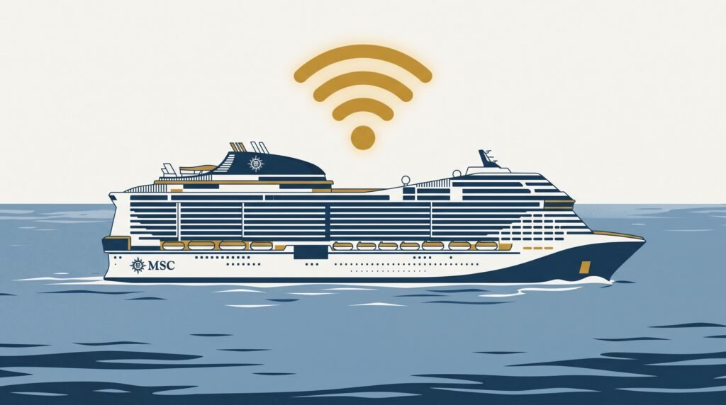 An MSC cruise ship sailing at sea with a bright signal icon, representing reliable MSC Cruises WiFi coverage onboard.