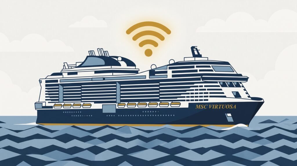 The MSC Virtuosa sailing at sea, gold WiFi signal glowing above the hull — does GigSky work on a cruise? This is the ship I tested it on.