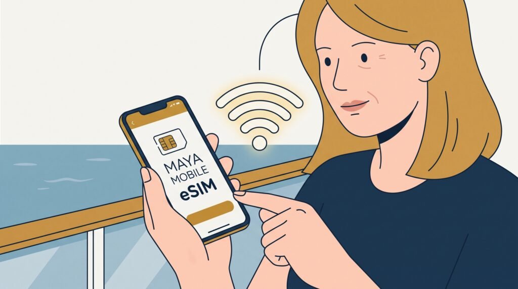A woman checking her phone at the ship's railing as the connection switches between the ship's network and the local port signal.