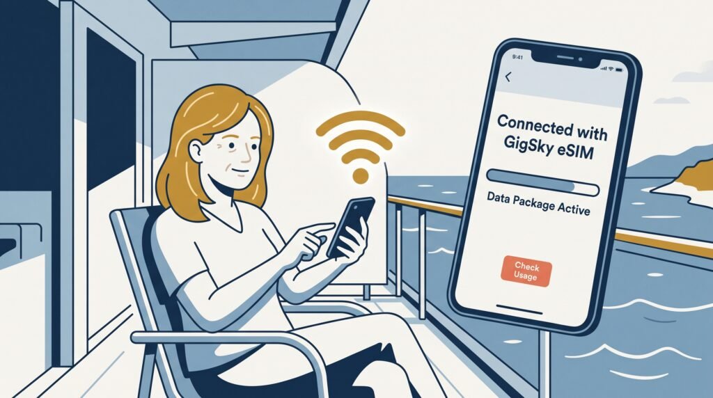 A woman on her cabin balcony working through the GigSky eSIM setup screen before switching her phone over to the ship's network.