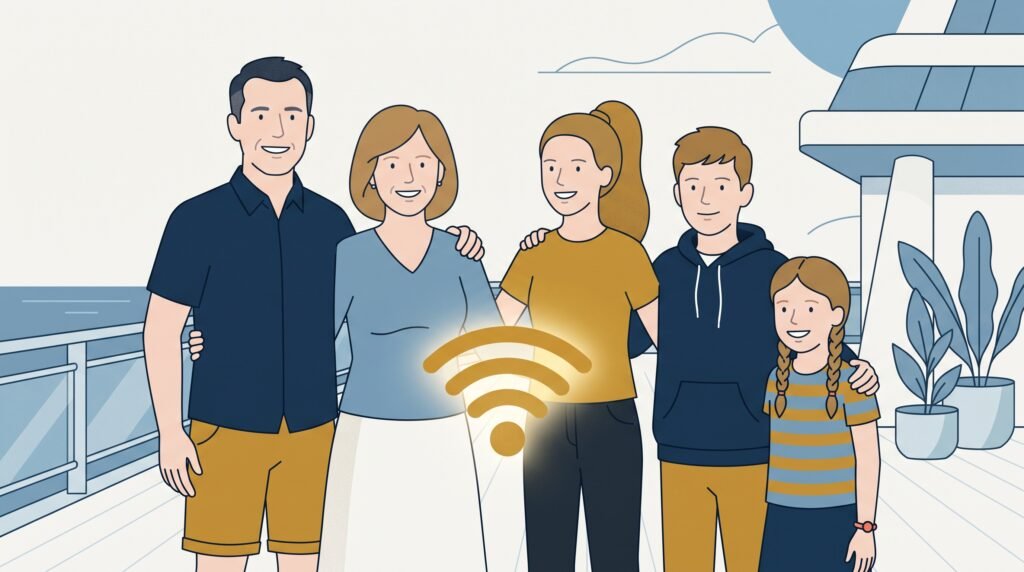 A family of four at the ship's railing, each connected through a single shared eSIM hotspot.
